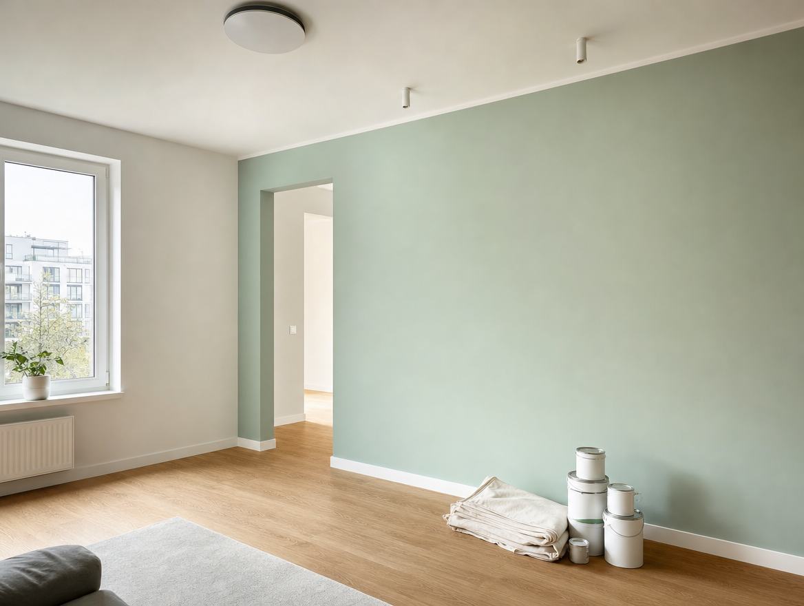 Jasny salon po wykończeniu z miętową ścianą akcentową